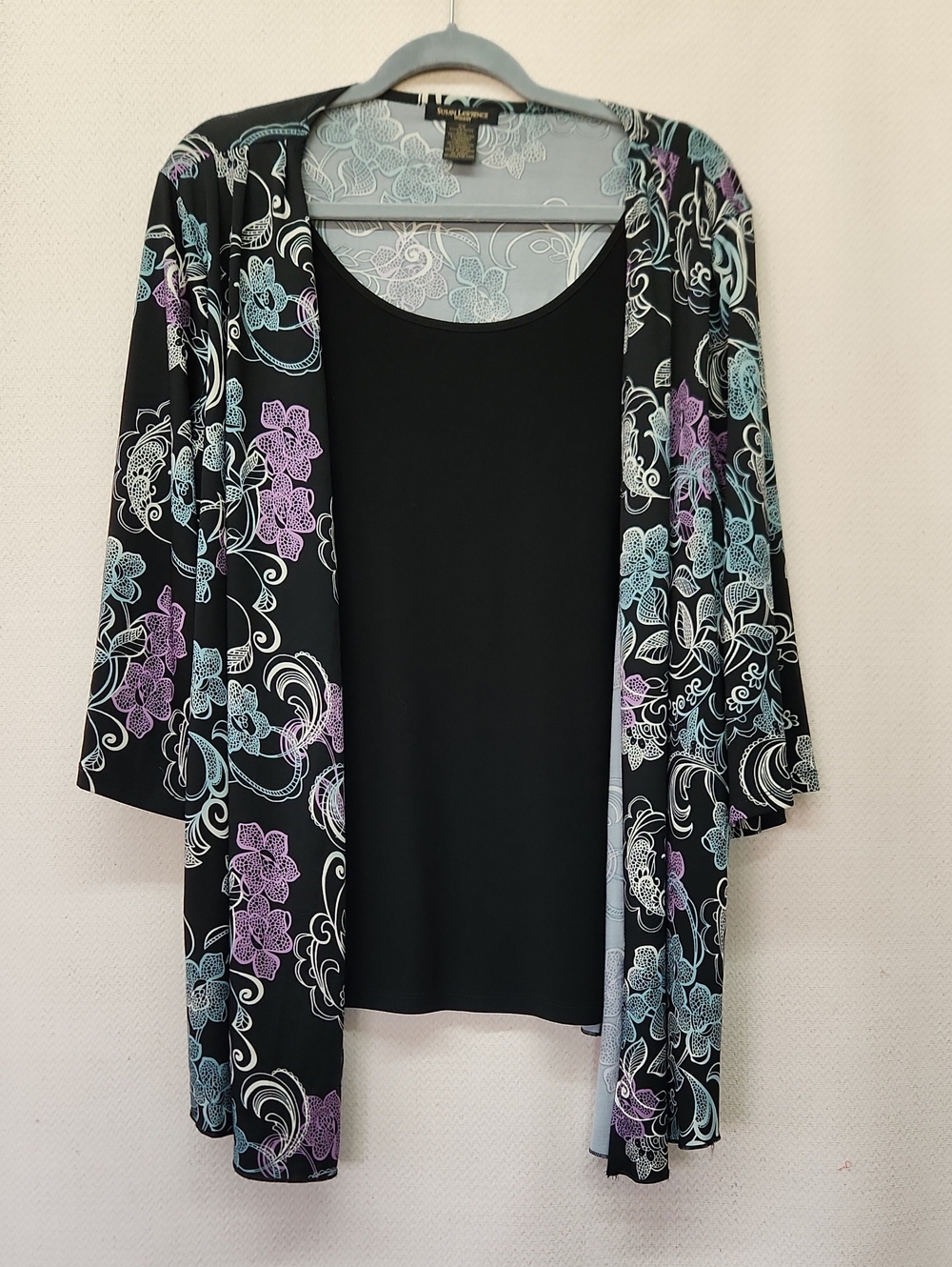 Susan Lawrence Black Cardigan with Purple and Light Blue Floral Print